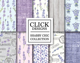 Shabby Chic Digital Paper: "SHABBY CHIC LAVENDER" Floral vintage scrapbook background, with lavender purple, lilac flowers, wood, linen