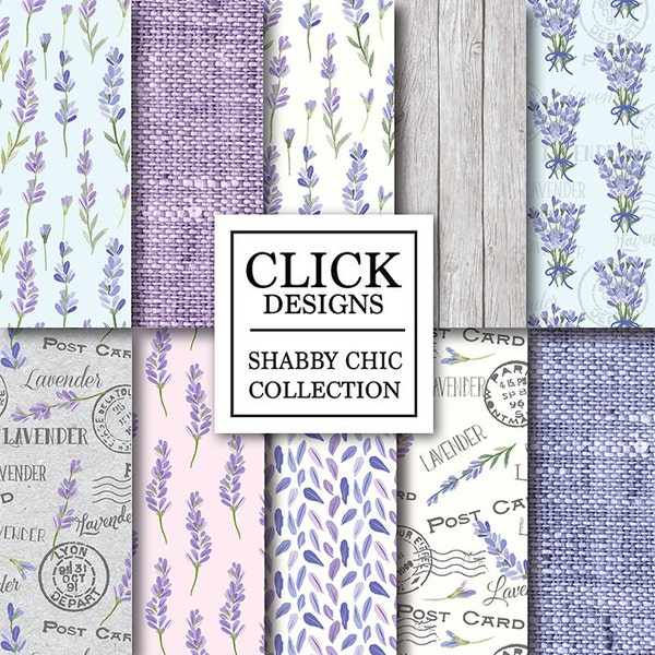 Shabby Chic Digital Paper: "SHABBY CHIC LAVENDER" Floral vintage scrapbook background, with lavender purple, lilac flowers, wood, linen