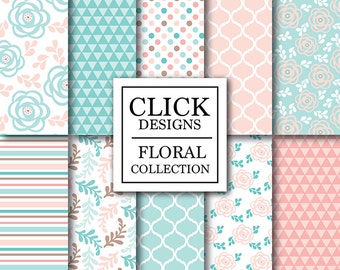 Floral Digital Paper: "FLORAL PINK MINT" Floral wedding, girl's, romantic papers, triangles, moroccan, dots for invites, cards, scrapbooking