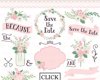 Wedding Floral Set: "WEDDING FLORAL CLIPART" Eps & Png Floral pink wedding elements, Wreaths, Borders, Laurel, Frames for invites, carts