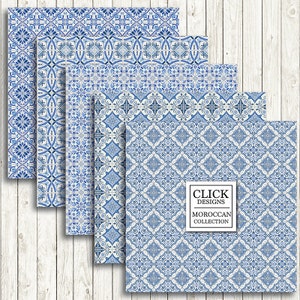 Moroccan Digital Paper: BLUE MOROCCAN TILES retro seamless scrapbook papers with blue mosaic patterns, Lisbon tiles, arabesque, ethnic image 3