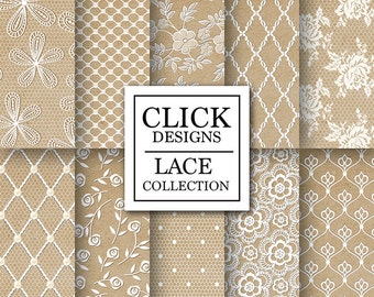 Lace Digital Paper: "LACE KRAFT PAPERS" scrapbook papers with vintage white lace roses & elements on craft papers for wedding invites, carts