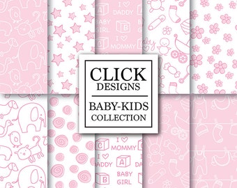 Baby Girl Digital Paper: "BABY GIRL" digital paper pack with pink baby girl elements, for scrapbooking, invites, carts, photography backdrop