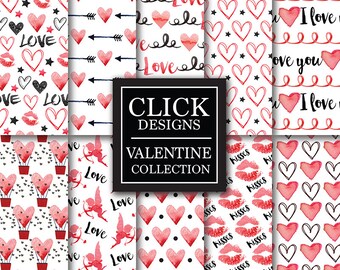 Valentine Digital Paper: "VALENTINE WATERCOLOR" scrapbook papers in red and black with hearts, love, cupid, arrows, kisses patterns