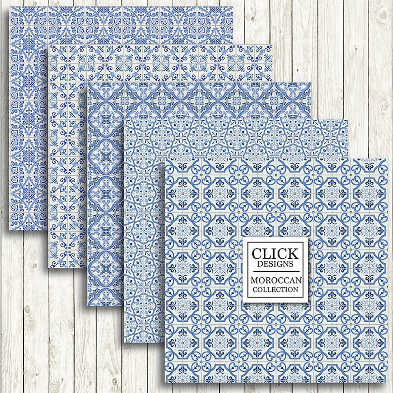 Moroccan Digital Paper: BLUE MOROCCAN TILES retro seamless scrapbook papers with blue mosaic patterns, Lisbon tiles, arabesque, ethnic image 2