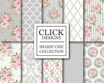 Shabby Chic Digital Paper: "SHABBY LIGHT GRAY" Floral scrapbook background, romantic papers with roses, damask for wedding invites, carts