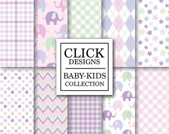 Baby Girl Digital Paper: "BABY GIRL ELEPHANTS" digital scrapbooking paper set with pink, lilac, green baby girl elements, for invites, carts