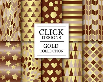 Gold Digital Paper: "CHOCOLATE GOLD" digital scrapbook backgrounds with gold brown geometric elements, stars, hearts, for invites, carts