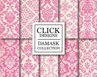 Damask Digital Paper: "DAMASK HOT PINK" digital papers with vintage elements in hot pink, patterns for scrapbooking, invites, carts, crafts