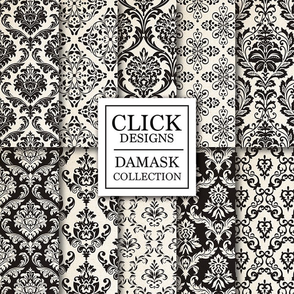 Damask Digital Paper: "DAMASK BLACK" digital papers with black vintage elements, for scrapbooking, invites, crafts, photography backdrops