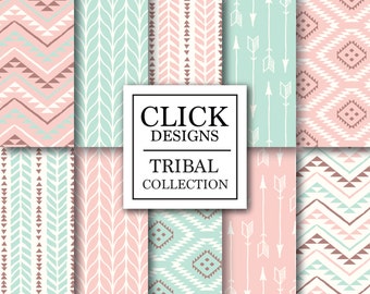 Tribal Digital Paper: "TRIBAL PINK MINT" tribal scrapbook papers with arrows, aztec patterns in pink & light green mint, for invites, carts