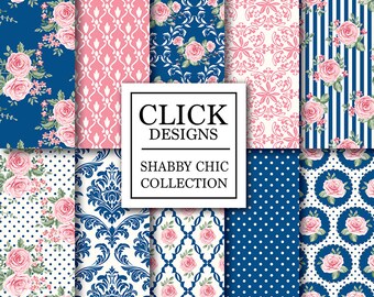 Shabby Chic Digital Paper: "SHABBY PINK BLUE" Floral background, with roses in pink & and navy blue, cottage chic for skrapbooking, carts