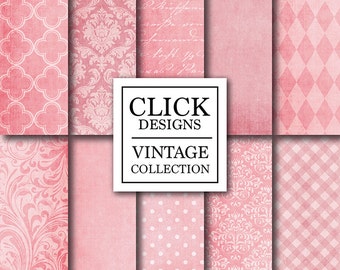 Pink Digital Paper: "PINK TEXTURES" textured digital papers in pink damask, flourish patterns for scrapbooking, invites, carts, crafts