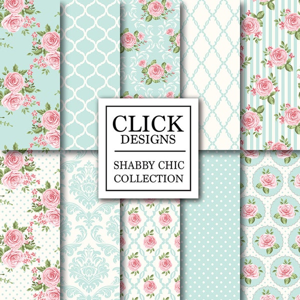 Shabby Chic Digital Paper: "SHABBY POWDER BLUE" Floral scrapbook background, romantic papers with roses, damask for wedding invites, cards