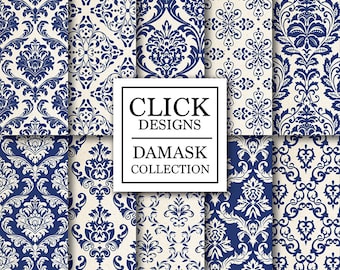 Damask Digital Paper: "DAMASK NAVY BLUE" digital papers with vintage elements in navy blue, for scrapbooking, invites, carts, crafts