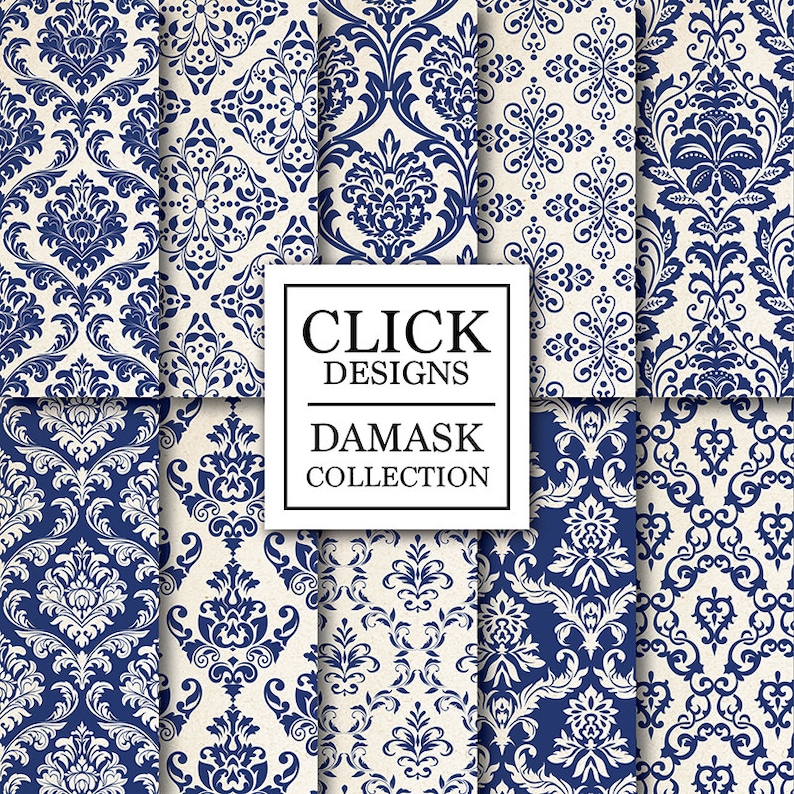 Damask Digital Paper: DAMASK NAVY BLUE digital papers with vintage elements in navy blue, for scrapbooking, invites, carts, crafts image 1