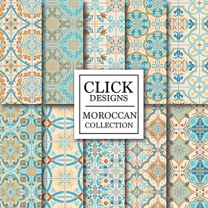 Moroccan Digital Paper: "RETRO MOROCCAN TILES" retro seamless mosaic scrapbook papers in turquoise and coral, Lisbon tiles, arabesque ethnic