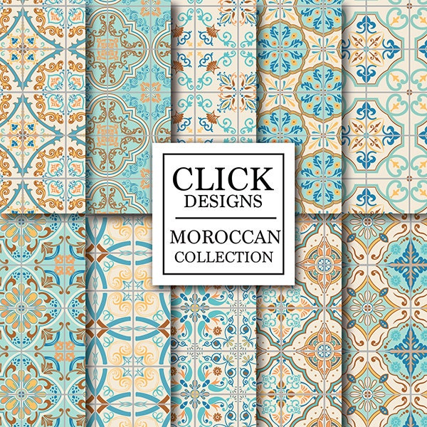 Moroccan Digital Paper: "RETRO MOROCCAN TILES" retro seamless mosaic scrapbook papers in turquoise and coral, Lisbon tiles, arabesque ethnic