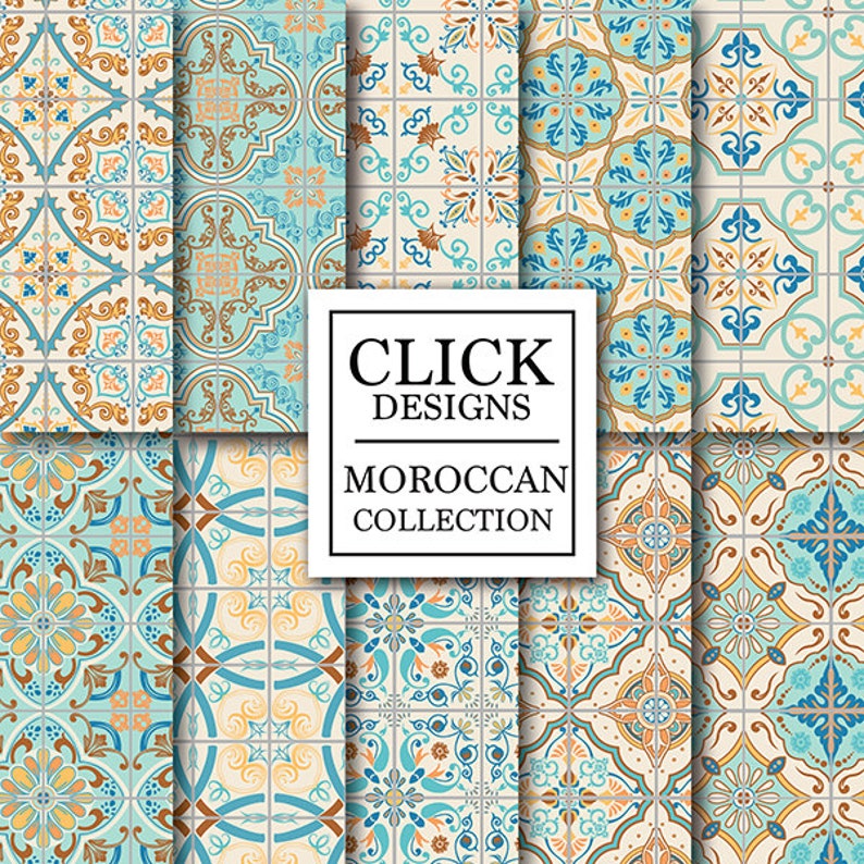 Moroccan Digital Paper: RETRO MOROCCAN TILES retro seamless mosaic scrapbook papers in turquoise and coral, Lisbon tiles, arabesque ethnic image 1