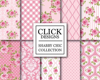 Shabby Chic Digital Paper: "SHABBY PINK ROSES" Floral scrapbook background, romantic papers with roses, damask for wedding invites, carts