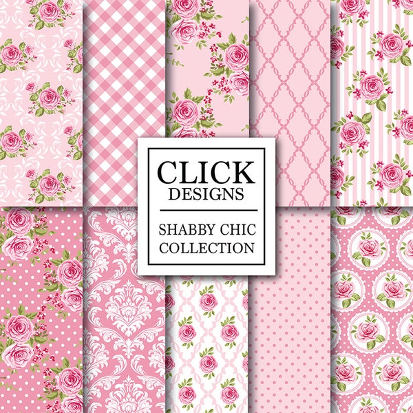 Shabby Chic Digital Paper: "SHABBY PINK ROSES" Floral scrapbook background, romantic papers with roses, damask for wedding invites, carts