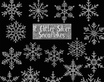 GLITTER SILVER SNOWFLAKES Digital ClipArt: Sparkle, frozen, winter, Christmas Printable Glitter Silver snowflakes clip art, Transparent Png