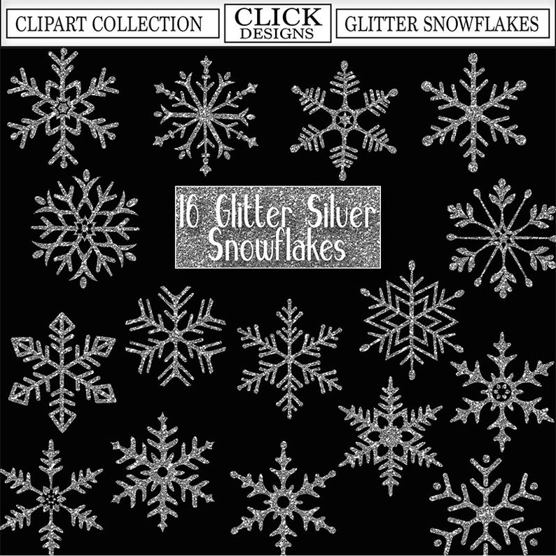 GLITTER SILVER SNOWFLAKES Digital ClipArt: Sparkle, frozen, winter, Christmas Printable Glitter Silver snowflakes clip art, Transparent Png image 1