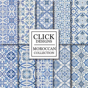 Moroccan Digital Paper: " BLUE MOROCCAN TILES" retro seamless scrapbook papers with blue mosaic patterns, Lisbon tiles, arabesque, ethnic