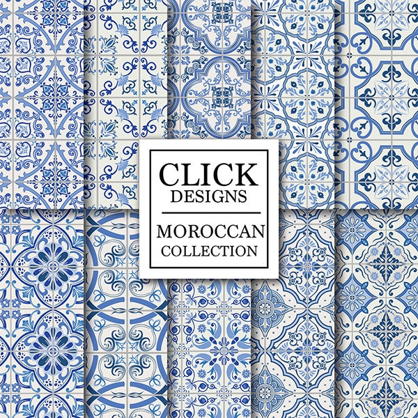 Papier numérique marocain: « BLUE MOROCCAN TILES » papiers scrapbook rétro sans couture avec motifs de mosaïque bleue, carreaux de Lisbonne, arabesque, ethnique