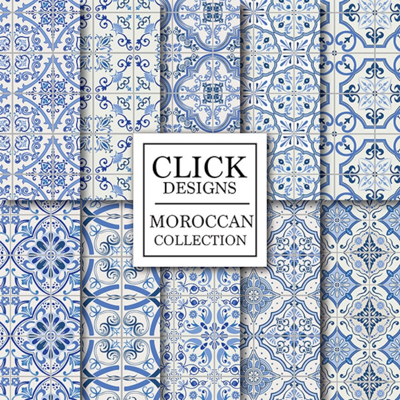 Moroccan Digital Paper: BLUE MOROCCAN TILES retro seamless scrapbook papers with blue mosaic patterns, Lisbon tiles, arabesque, ethnic image 1
