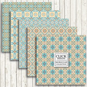 Moroccan Digital Paper: RETRO MOROCCAN TILES retro seamless mosaic scrapbook papers in turquoise and coral, Lisbon tiles, arabesque ethnic image 3