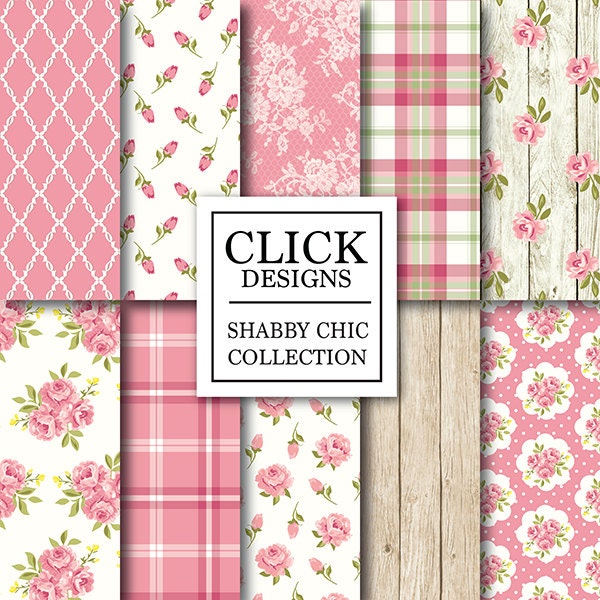 Shabby Chic Digital Paper: "SHABBY CHIC PINK" Floral scrapbook background, romantic papers with roses, plaid, wood, lace for invitations