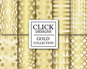 Gold Digital Paper: "CHAMPAGNE GOLD" digital scrapbook backgrounds with gold geometric elements, stars, hearts, triangles for invites, carts