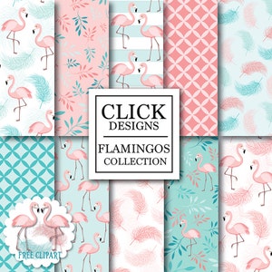 Flamingo Digital Paper: "FLAMINGOS" birds in pink, teal, coral, feathers, leaves, flamingo clipart for baby shower, invitation, scrapbooking