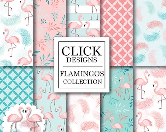 Flamingo Digital Paper: "FLAMINGOS" birds in pink, teal, coral, feathers, leaves, flamingo clipart for baby shower, invitation, scrapbooking