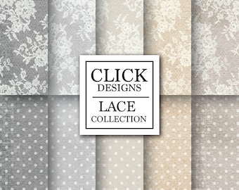 Lace Digital Paper: "LACE BEIGE GRAY" scrapbook romantic papers with lace roses & dots in neutral textured papers for wedding invites, carts