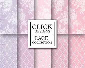 Lace Digital Paper: "LACE LILAC PINK" scrapbook romantic papers with lace roses in lilac & pink textured papers for wedding invites, carts
