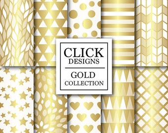 Gold & White Digital Paper: "WHITE GOLD" digital scrapbook papers with gold geometric elements, stars, hearts, triangles for invites, carts