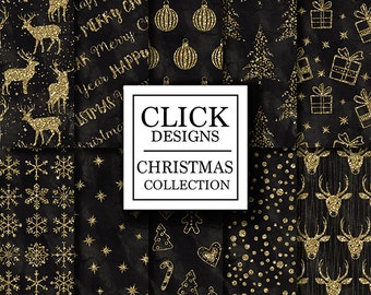 Weihnachts-Digital-Papier: "CHRISTMAS BLACK GOLD" Scrapbook Papier Pack mit Schneeflocken, Bäume, Sterne, Hirsche, Text für Xmas lädt, Handwerk