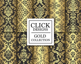 Gold & Black Digital Paper: "BLACK GOLD DAMASK" digital papers with gold black damask elements, for invites, carts, photography backdrops