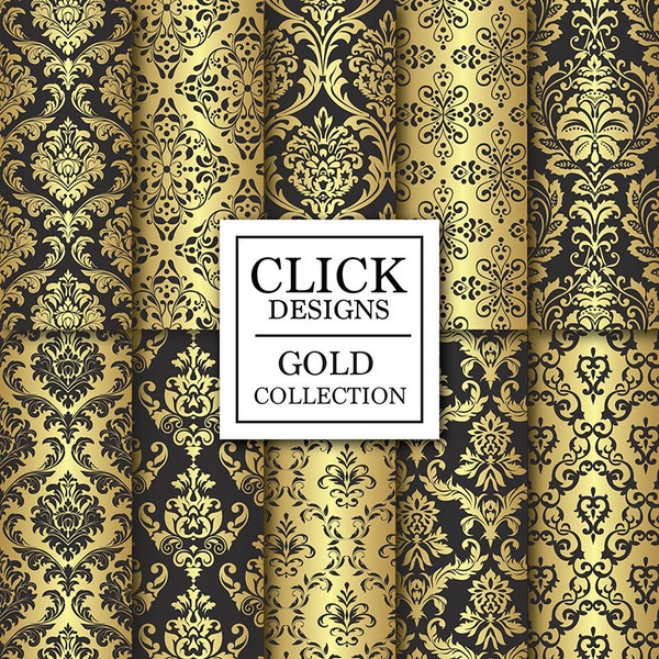 Gold & Black Digital Paper: "BLACK GOLD DAMASK" digital papers with gold black damask elements, for invites, carts, photography backdrops