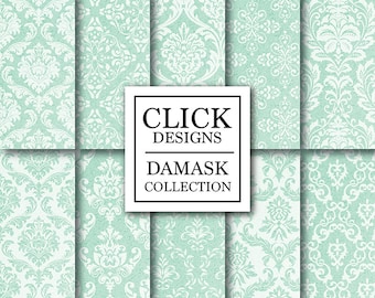 Damask Digital Paper: "DAMASK MINT GREEN" digital papers with vintage elements in mint green, for scrapbooking, invites, carts, crafts