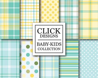 Baby Boy Digital Paper: "PLAID YELLOW TURQUOISE" digital paper pack with plaid, dots in yellow, turquoise for scrapbooking, invites, carts