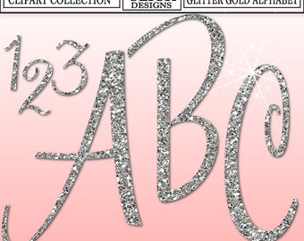 GLITTER SILVER ALPHABET Digital ClipArt: Letters, Numbers, Symbols, Printable Glitter Silver Cursive Letters, Large Alphabet Clip Art