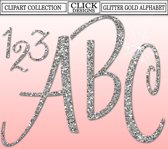 glitter silver alphabet digital clipart letters numbers etsy canada