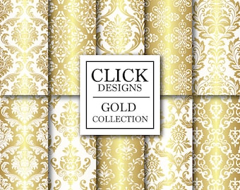 Gold & White Digital Paper: "WHITE GOLD DAMASK" digital scrapbook papers with gold damask elements, for invites, carts, photography backdrop