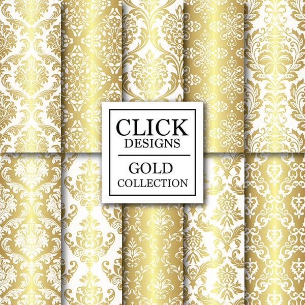 Gold & White Digital Paper: "WHITE GOLD DAMASK" digital scrapbook papers with gold damask elements, for invites, carts, photography backdrop