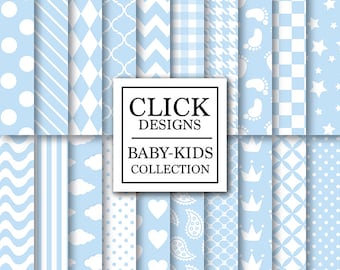 Baby Boy Digital Paper: "BABY BOY BASICS" digital scrapbook paper pack with soft blue baby boy elements, dots crown plaid for invites, cards