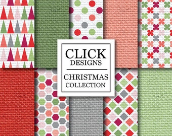 Geometric Digital Paper: "CHRISTMAS GEOMETRIC" burlap backgrounds with red green triangles, dots, honeycomb for xmas invites, carts, crafts