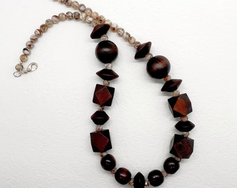 Chunky Wood Bead And Agate Necklace